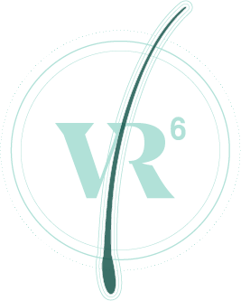 ilustración de una fibra de cabello superpuesto al logo de la marca VR6 Hair